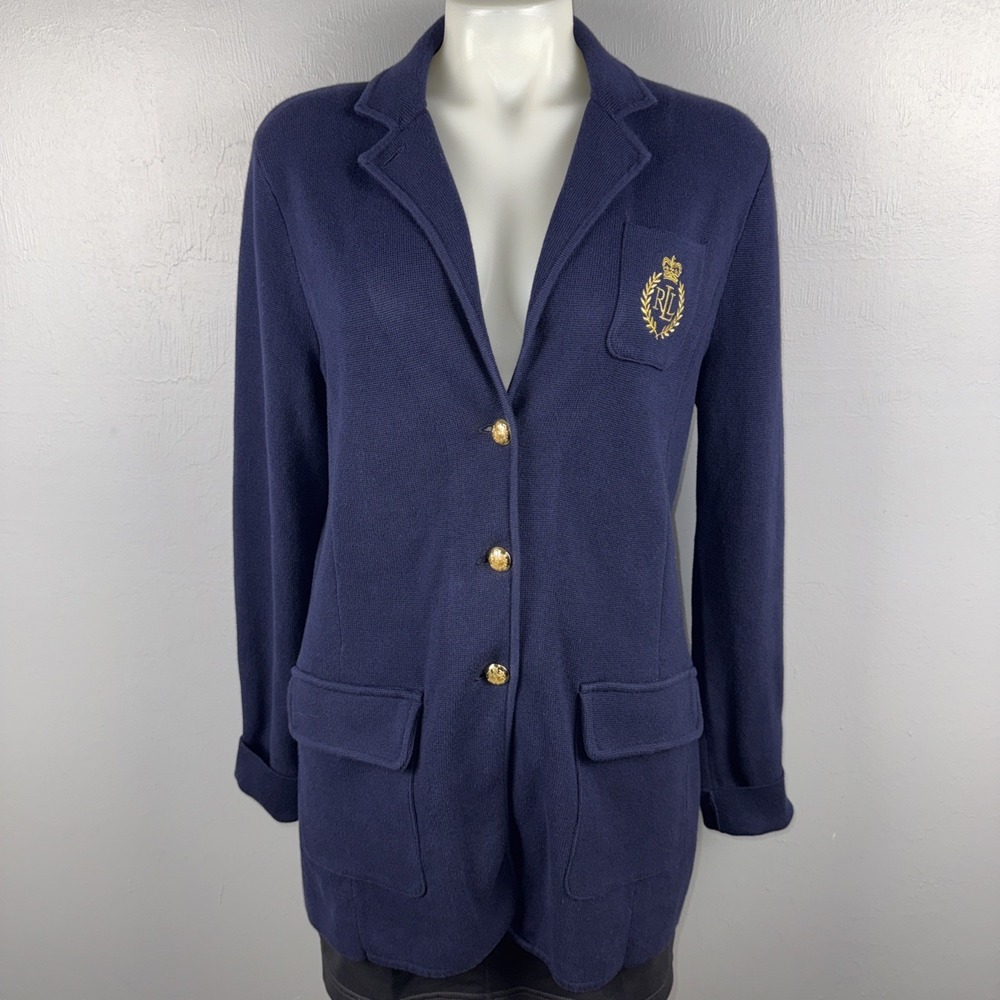 Lauren Ralph Lauren Cotton Blazer Large Navy Blue Single Breasted Knitted *READ